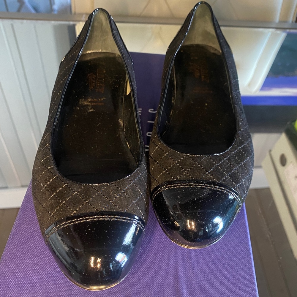 Bally Atlier black patent & suede quilted leather cap toe ballet flats